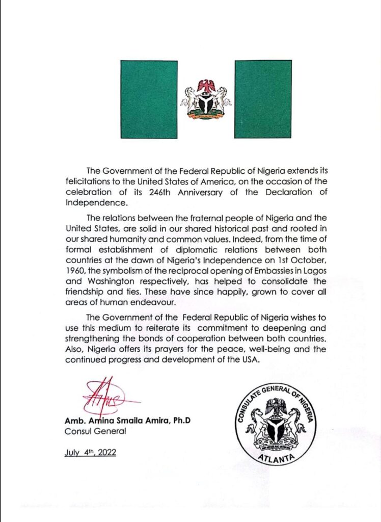 Nigeria Consulate, Atlanta USA statement-748x1024 Statement by Consul General, Amb. (Dr.) Amina A. Smaila, on the occasion of the United States of America’s Independence Day (4th of July, 2022).  